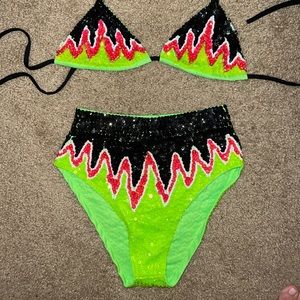 Sequin Crop Top and High-Waisted Bottom Set - Black, Red, Green